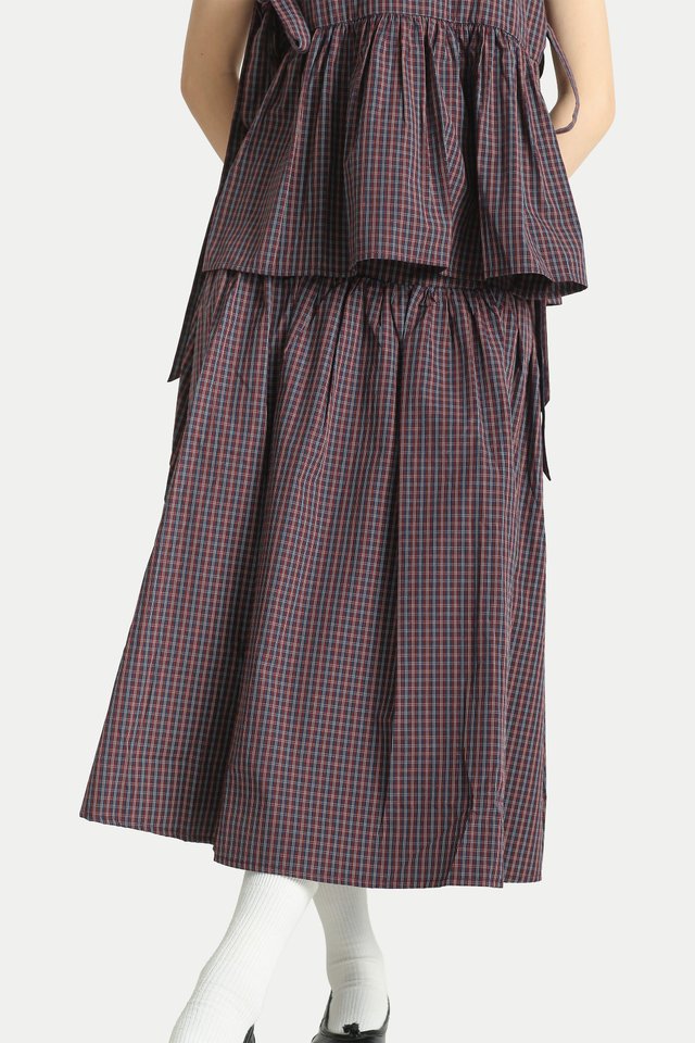 POLLY SIDE BUTTON YOKE MIDI SKIRT IN MAROON CHECKS