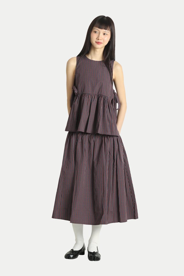 POLLY SIDE BUTTON YOKE MIDI SKIRT IN MAROON CHECKS