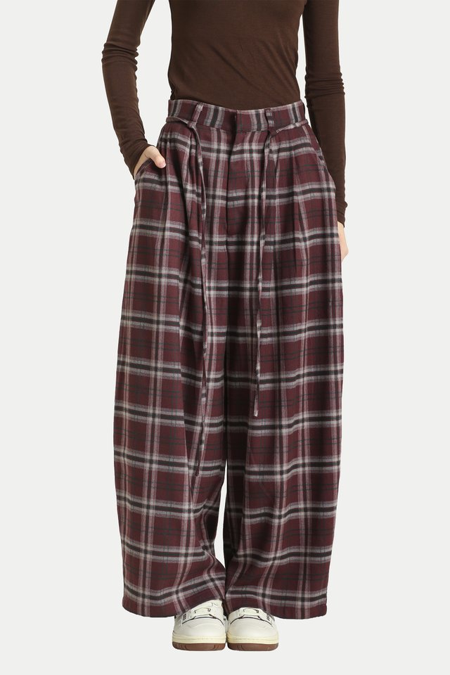 JEN RELAXED SUIT PANTS IN MERLOT CHECKS