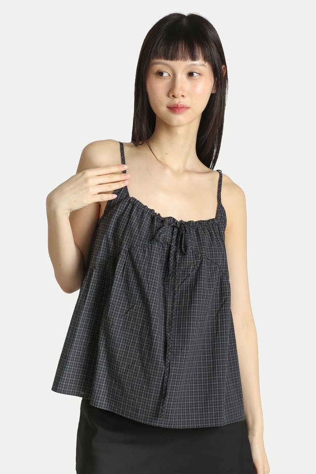 ADELINE FLARE CAMI TOP IN BLACK CHECKS