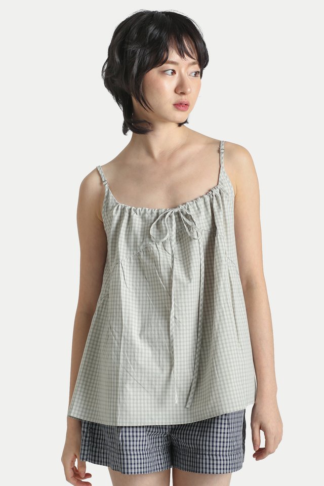 ADELINE FLARE CAMI TOP IN GREIGE CHECKS