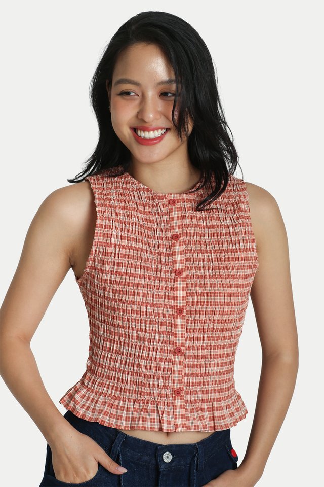 ARCADE X ALIGN MAI PLAID RUCHED TOP IN VINTAGE RED