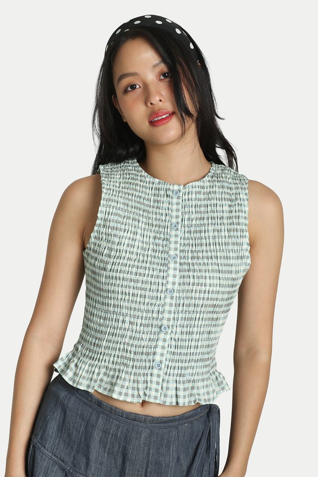 ARCADE X ALIGN MAI PLAID RUCHED TOP IN SEAFOAM BLUE