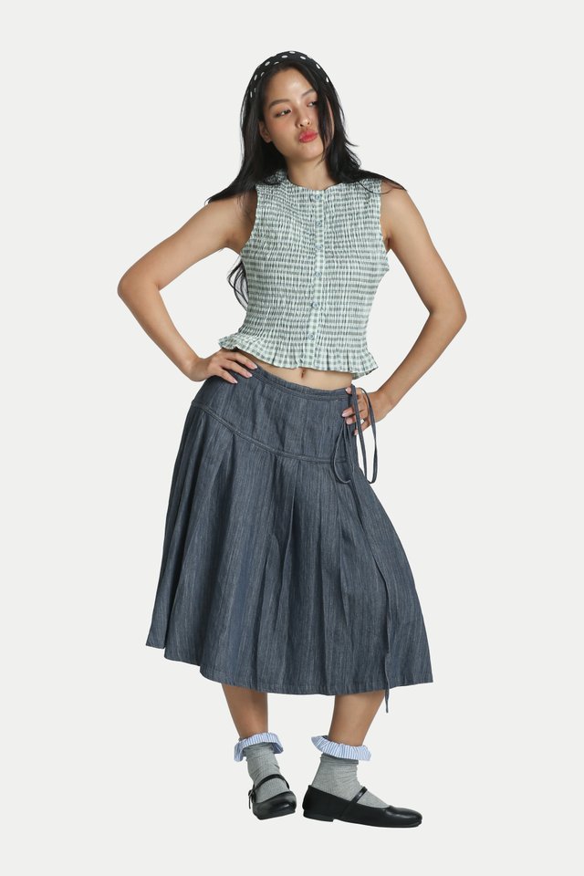 ARCADE X ALIGN MAI PLAID RUCHED TOP IN SEAFOAM BLUE