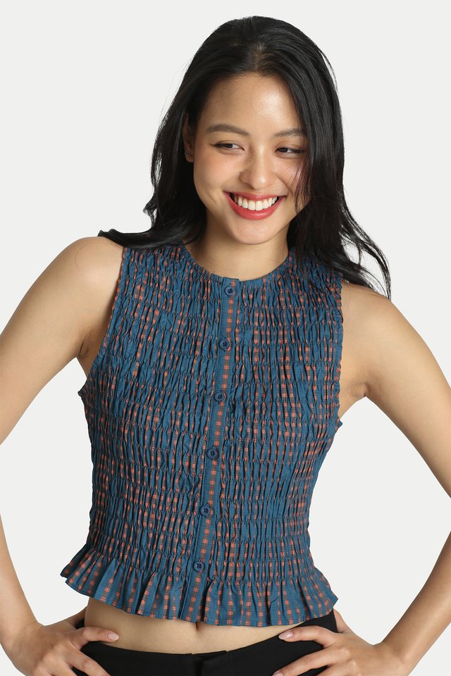 ARCADE X ALIGN MAI PLAID RUCHED TOP IN MARINE