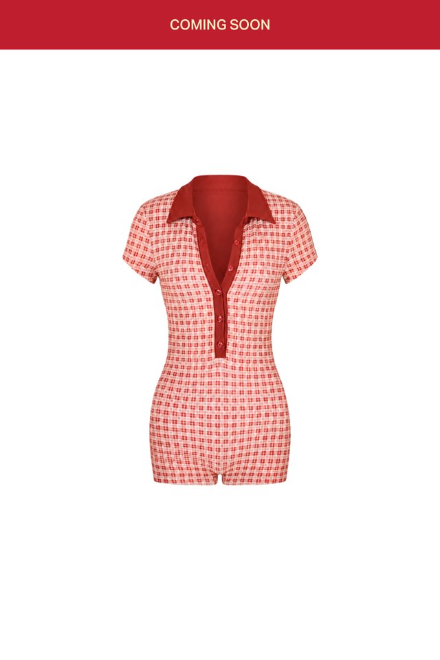 ARCADE X ALIGN BONNIE TERRY SWIM ROMPER-VINTAGE RED PLAID