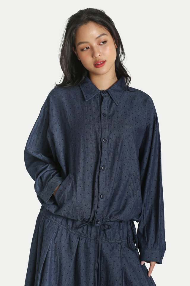 RUKA DRAWSTRING HEM RELAXED SHIRT IN DOT DENIM