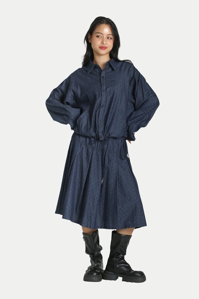RUKA DRAWSTRING HEM RELAXED SHIRT IN DOT DENIM
