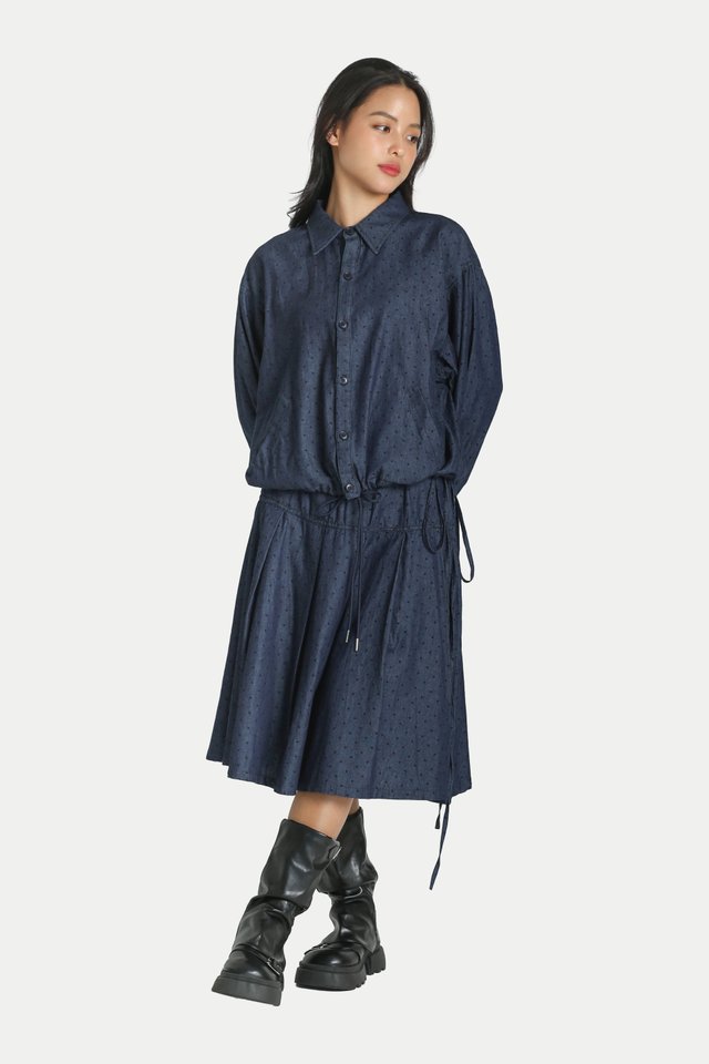 ATSUKO PLEATED MIDI SKIRT IN DOT DENIM
