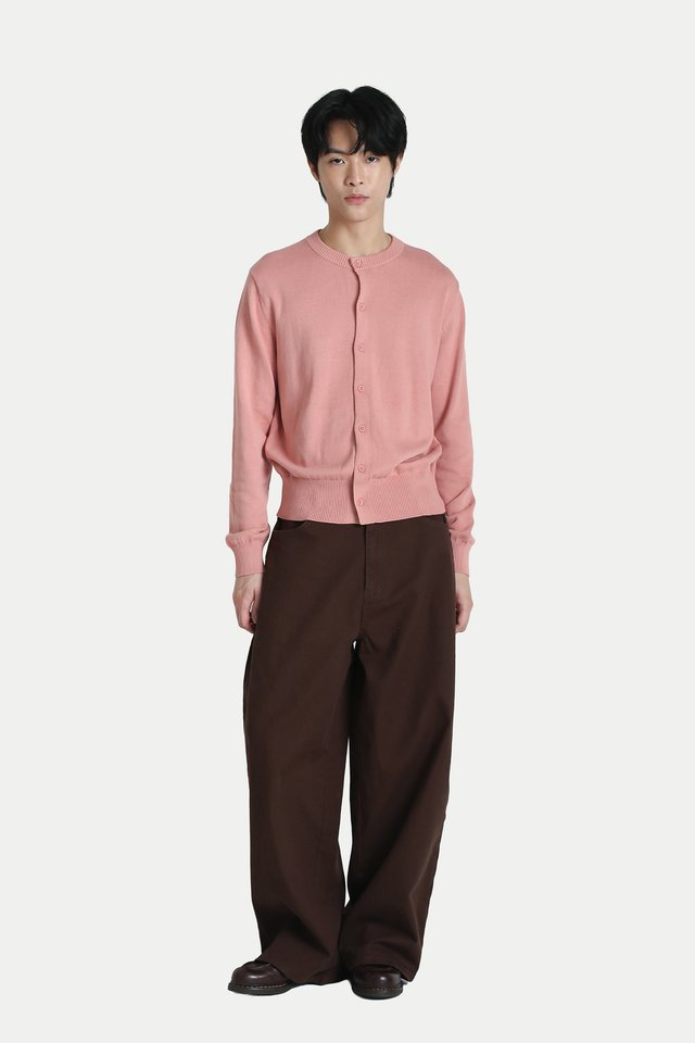 LACHLAN KNIT CREW NECK CARDIGAN IN ROSE
