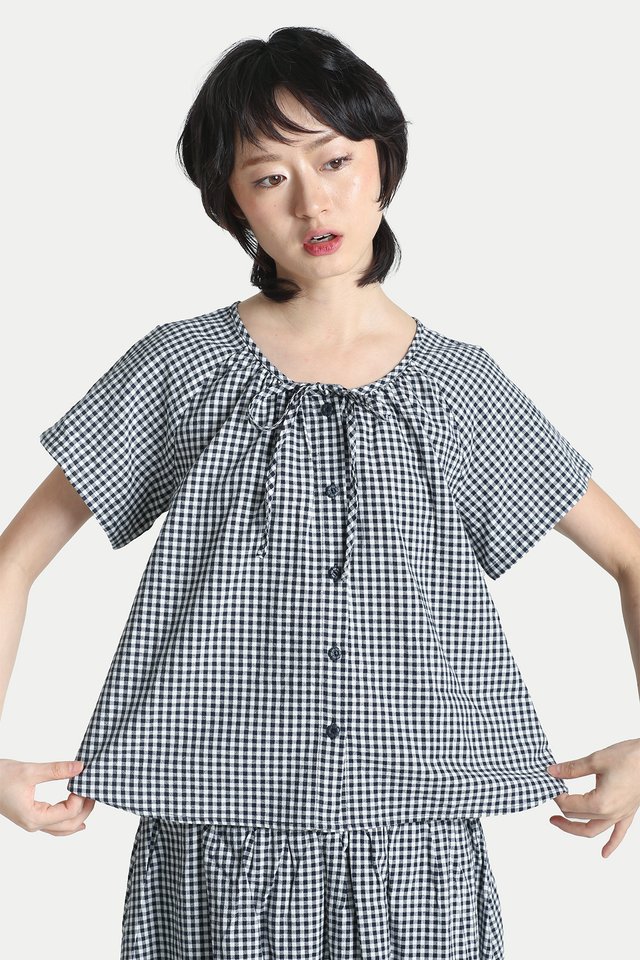 CLARA GINGHAM FLARE TOP IN NAVY
