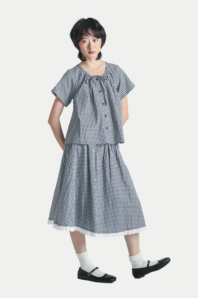 CLARA GINGHAM FLARE TOP IN NAVY
