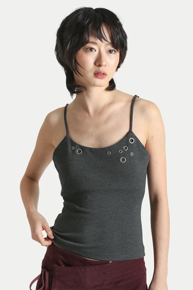 JEMMA PADDED EYELET TANK TOP IN CHARCOAL