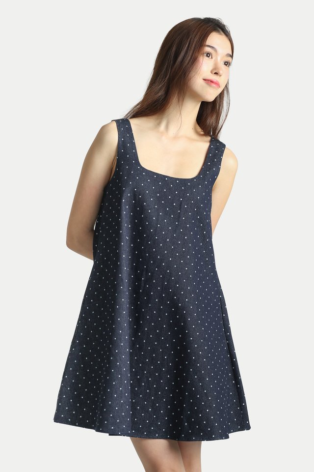 JULIA BABYDOLL DENIM ROMPER DRESS IN DARK DOT