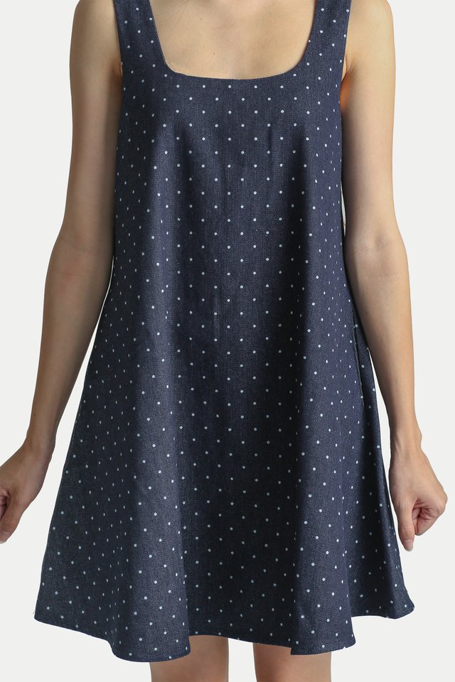 JULIA BABYDOLL DENIM ROMPER DRESS IN DARK DOT