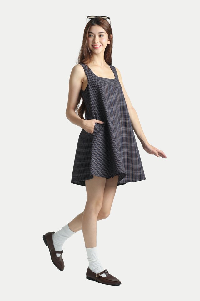 JULIA BABYDOLL CHECKERED ROMPER DRESS IN BRUNETTE