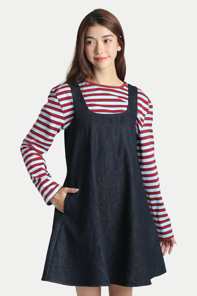 JULIA BABYDOLL DENIM ROMPER DRESS IN DARK WASH