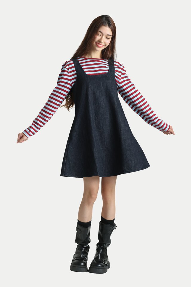JULIA BABYDOLL DENIM ROMPER DRESS IN DARK WASH