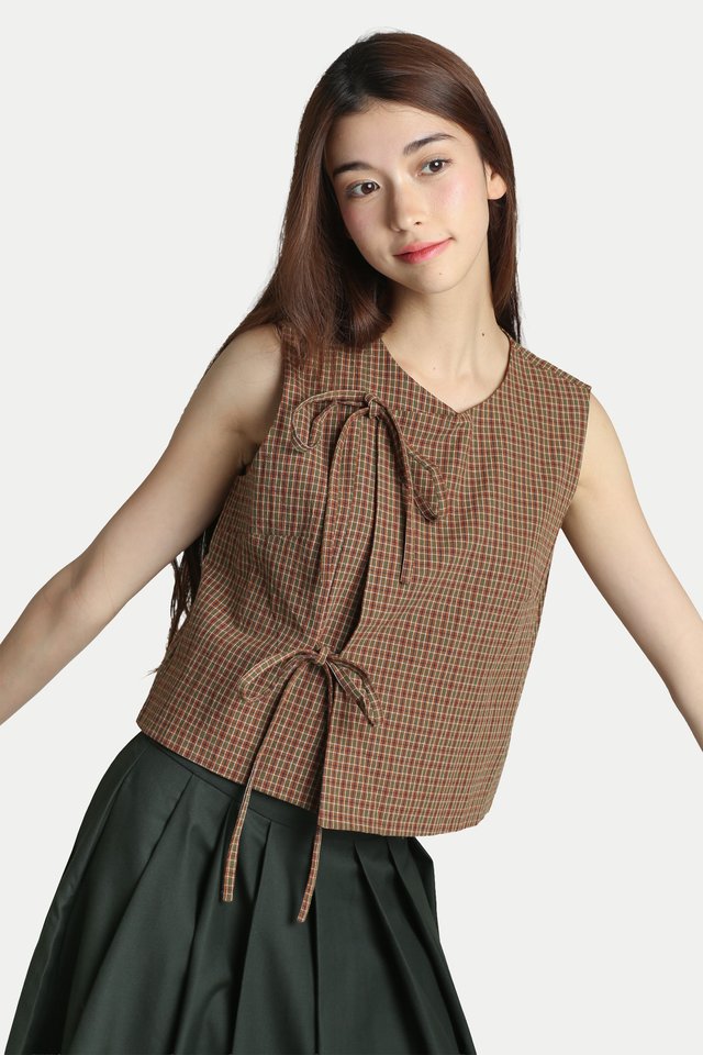 ODILIA BOXY TIE TOP IN CINNAMON CHECKS