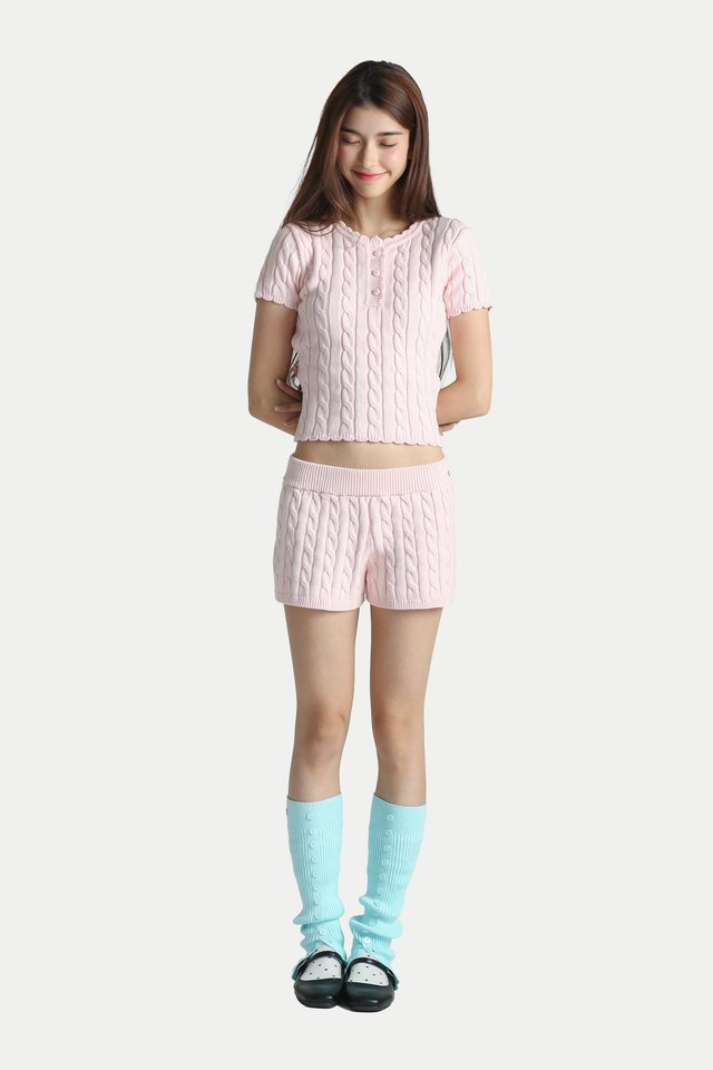 CERISE KNITTED MINI SHORTS IN BABY PINK
