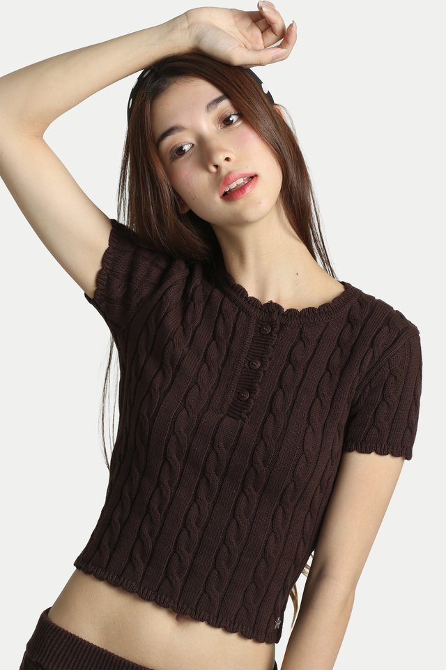 COSETTE KNITTED HENLEY TOP IN CHOCOLATE