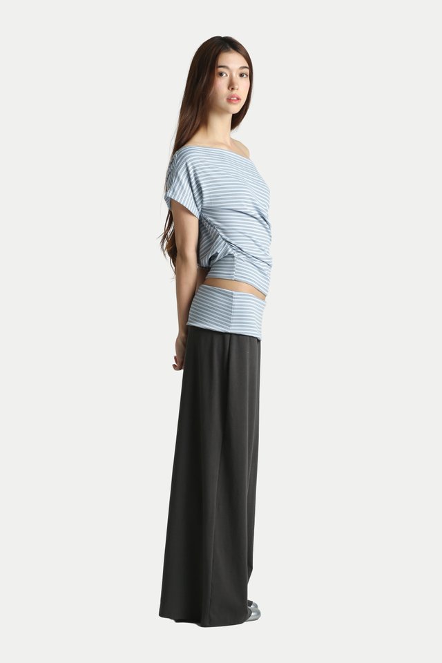 KASIA FOLDOVER JERSEY PANTS IN CHARCOAL/SKY STRIPES