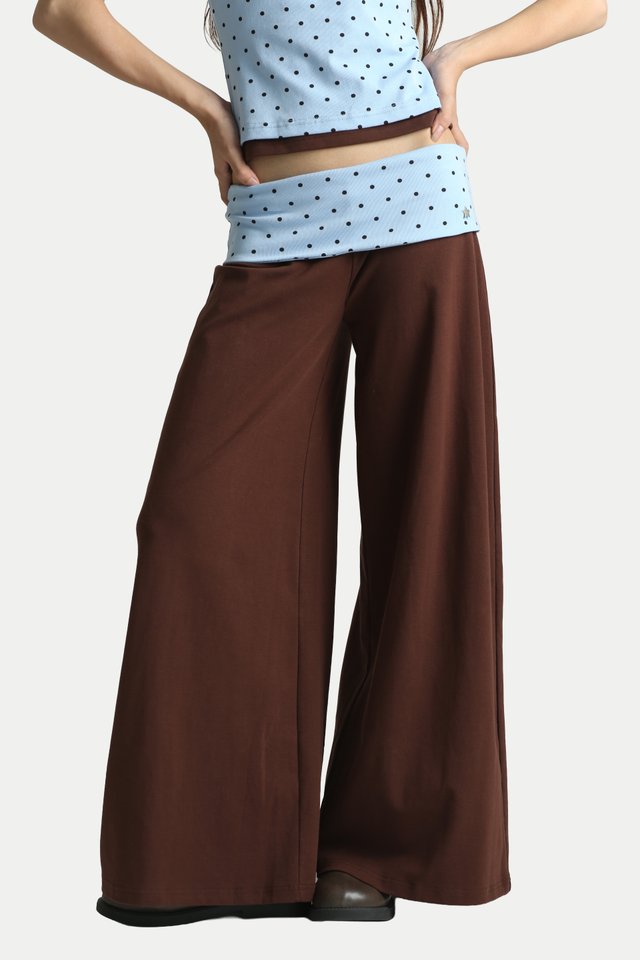 KASIA FOLDOVER JERSEY PANTS IN CHOCOLATE/SKY DOTS