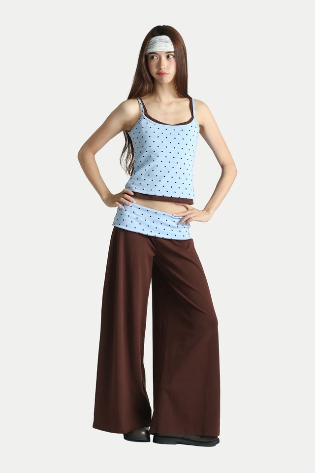 KASIA FOLDOVER JERSEY PANTS IN CHOCOLATE/SKY DOTS