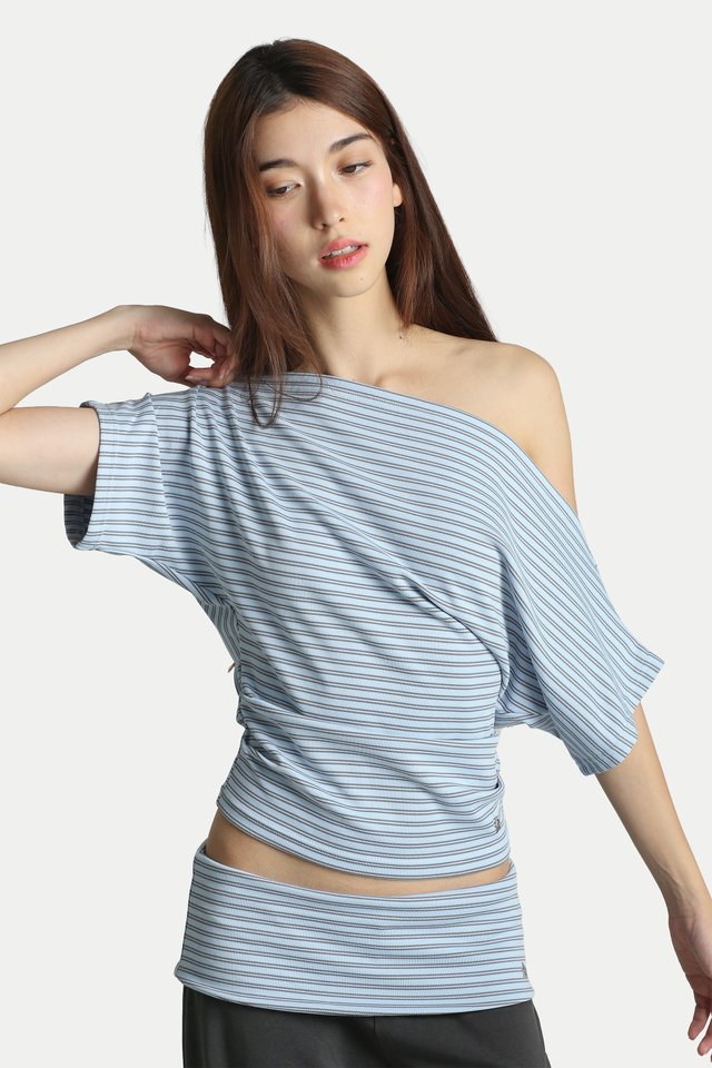 HAVEN OFF-SHOULDER JERSEY TOP IN SKY STRIPES