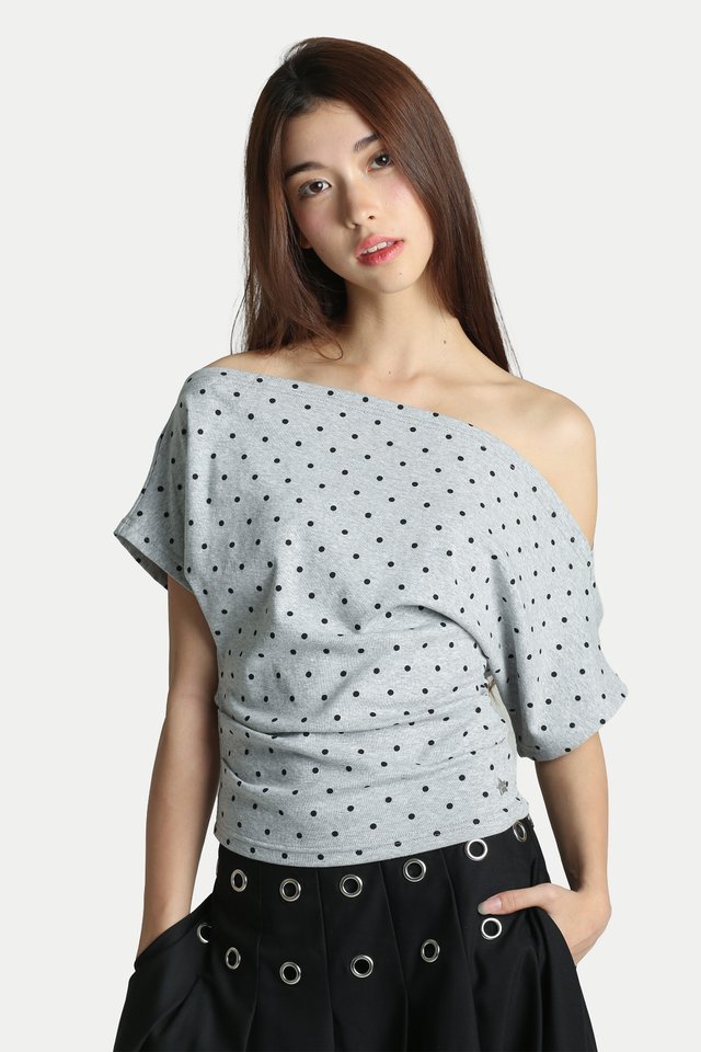 HAVEN OFF-SHOULDER JERSEY TOP IN CLOUD DOTS