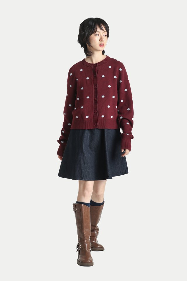 DOTTIE POLKA DOT CARDIGAN IN WINE/SKY