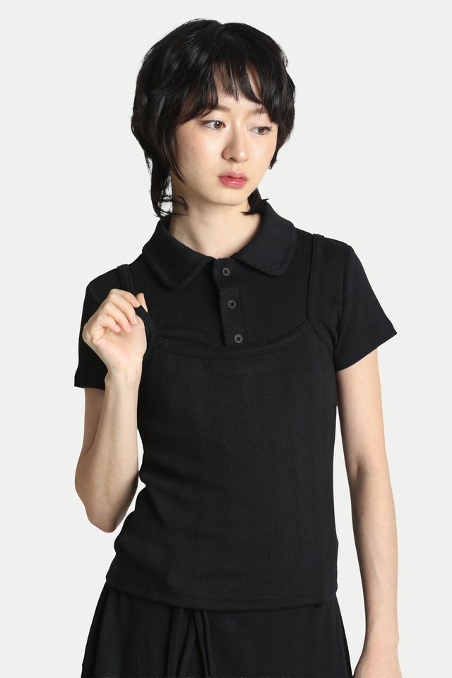 MOLLY POINTELLE POLO & CAMI SET IN BLACK