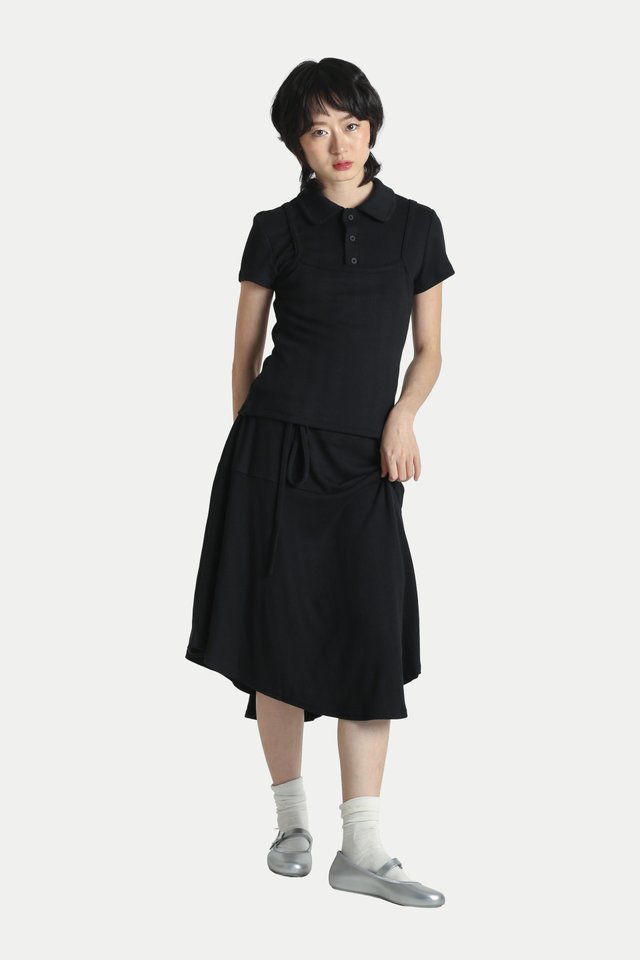 LANA MID-RISE POINTELLE MIDI SKIRT IN BLACK