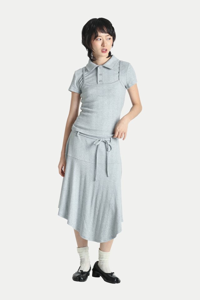 LANA MID-RISE POINTELLE MIDI SKIRT IN HEATHER GREY