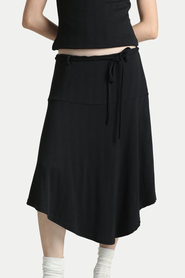 LANA MID-RISE POINTELLE MIDI SKIRT IN BLACK
