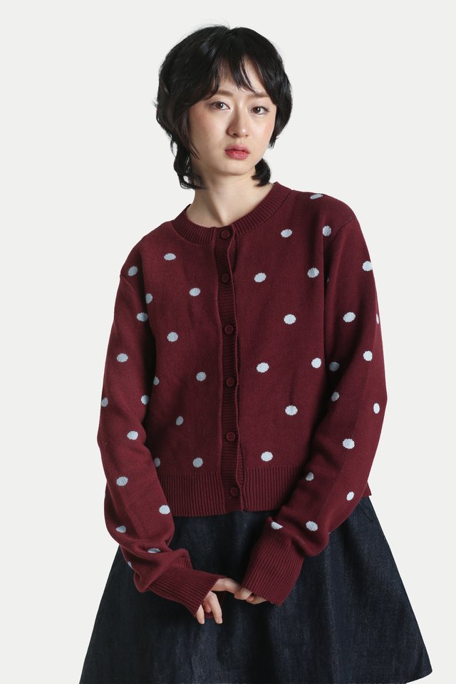 DOTTIE POLKA DOT CARDIGAN IN WINE/SKY
