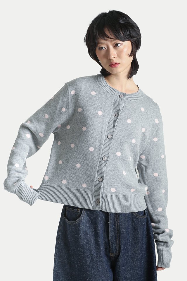 DOTTIE POLKA DOT CARDIGAN IN HEATHER/PINK