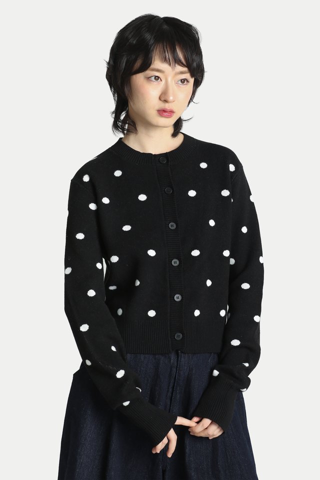 DOTTIE POLKA DOT CARDIGAN IN BLACK/WHITE