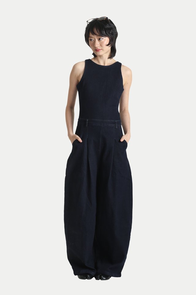 OAKLYN SLEEVELESS DENIM JUMPSUIT IN DARK WASH
