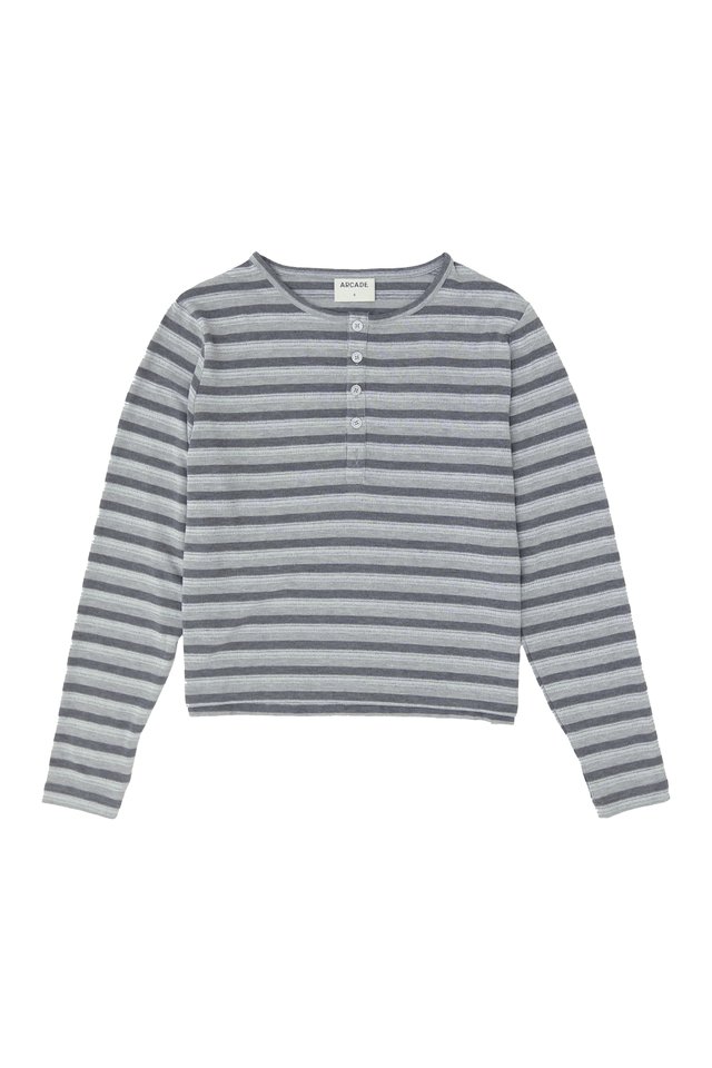 WEST CROPPED STRIPED HENLEY TOP IN GREY