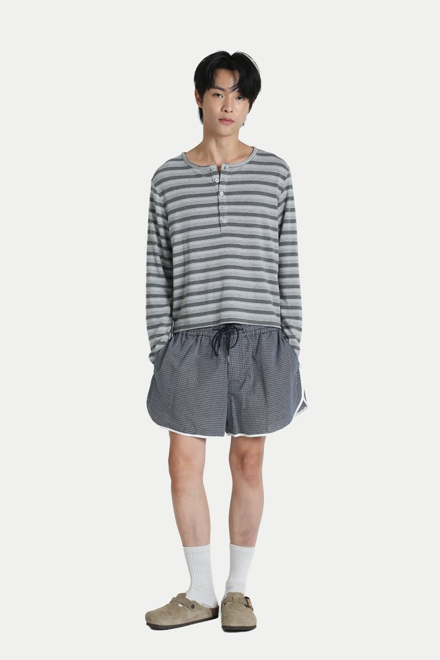 WEST CROPPED STRIPED HENLEY TOP IN GREY