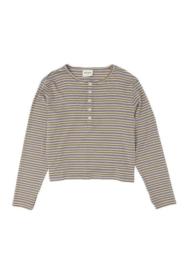 WEST CROPPED STRIPED HENLEY TOP IN KHAKI