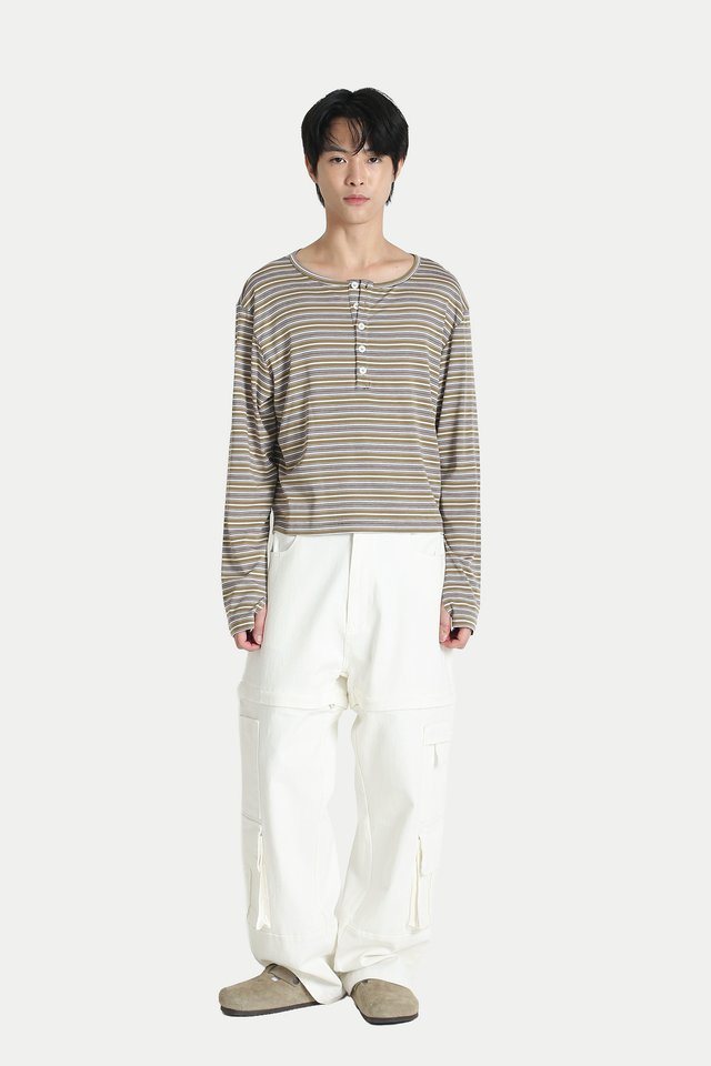 WEST CROPPED STRIPED HENLEY TOP IN KHAKI