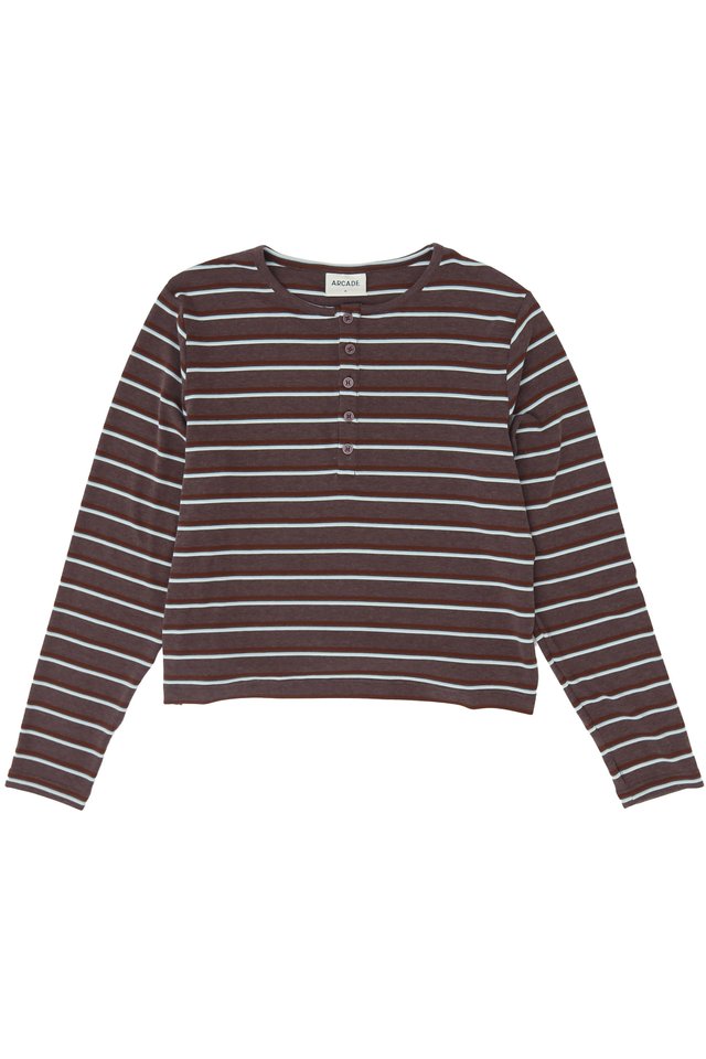 WEST CROPPED STRIPED HENLEY TOP IN WALNUT