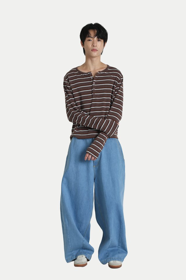 WEST CROPPED STRIPED HENLEY TOP IN WALNUT