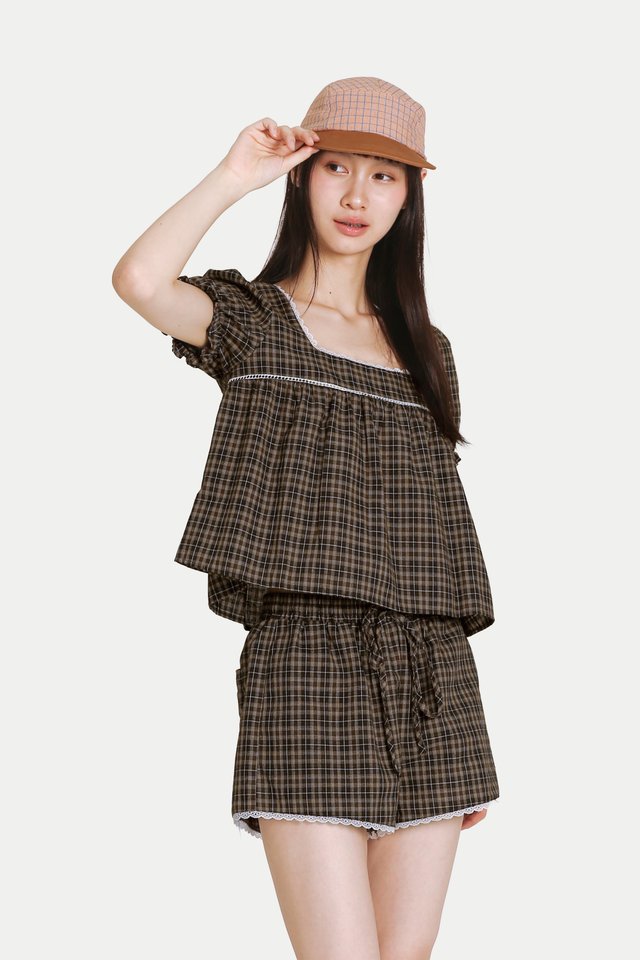 ELIANA SQUARE NECK BABYDOLL TOP IN MOCHA CHECKS