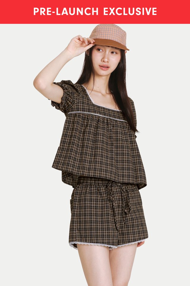 ELIANA SQUARE NECK BABYDOLL TOP IN MOCHA CHECKS