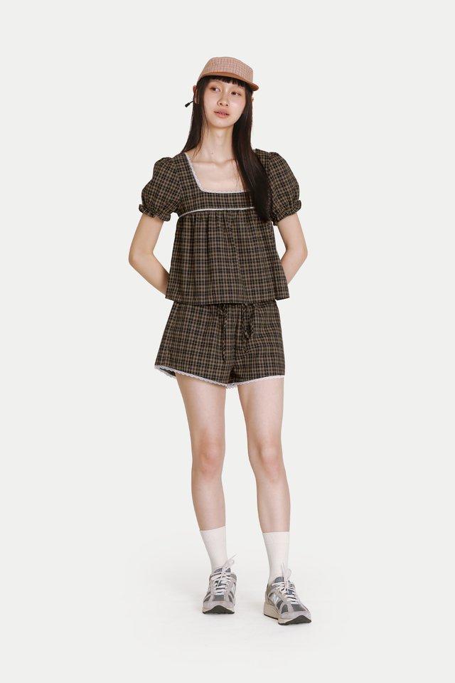 ELIANA SQUARE NECK BABYDOLL TOP IN MOCHA CHECKS