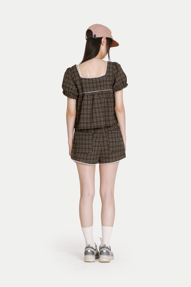 ELIANA SQUARE NECK BABYDOLL TOP IN MOCHA CHECKS
