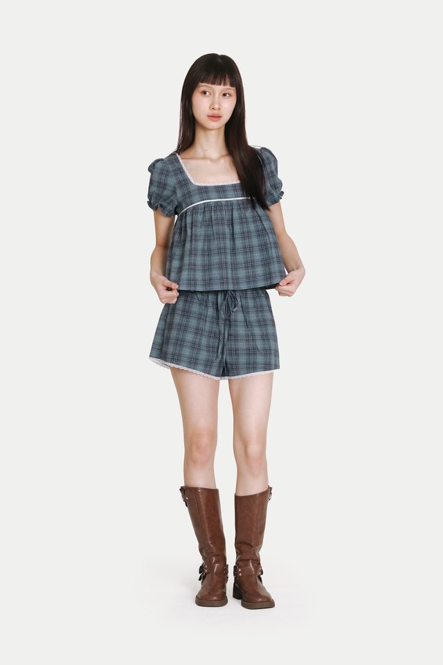 ELIANA SQUARE NECK BABYDOLL TOP IN OCEAN CHECKS